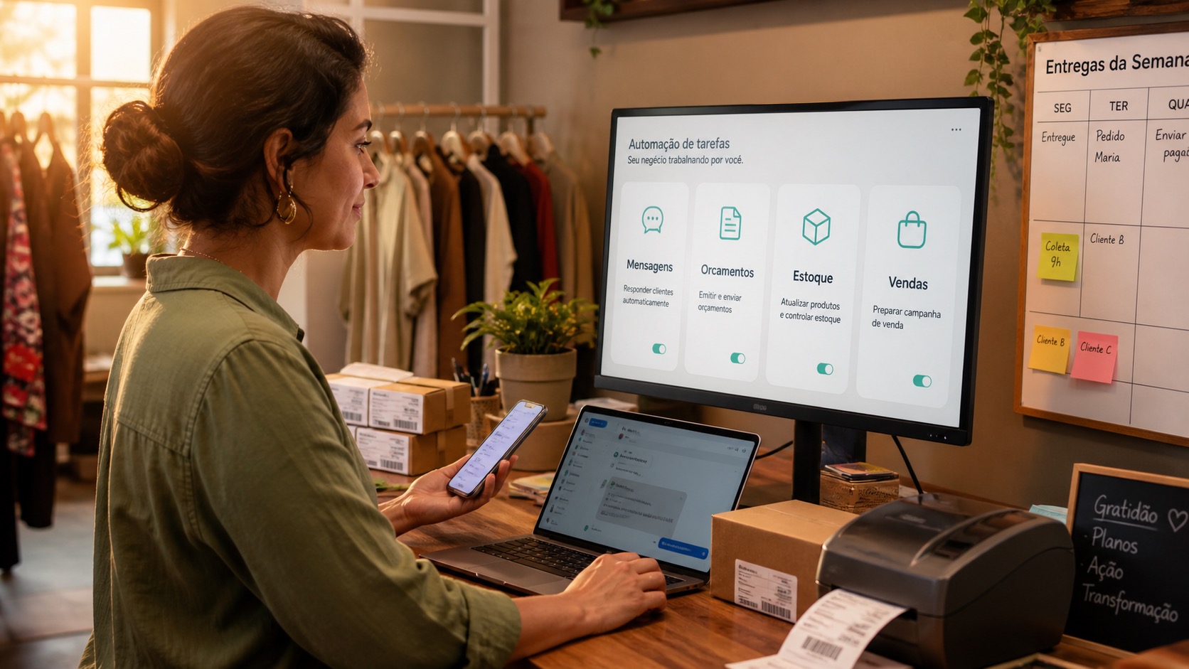 Dona de pequena empresa usando IA para automatizar mensagens, orçamentos, estoque e vendas