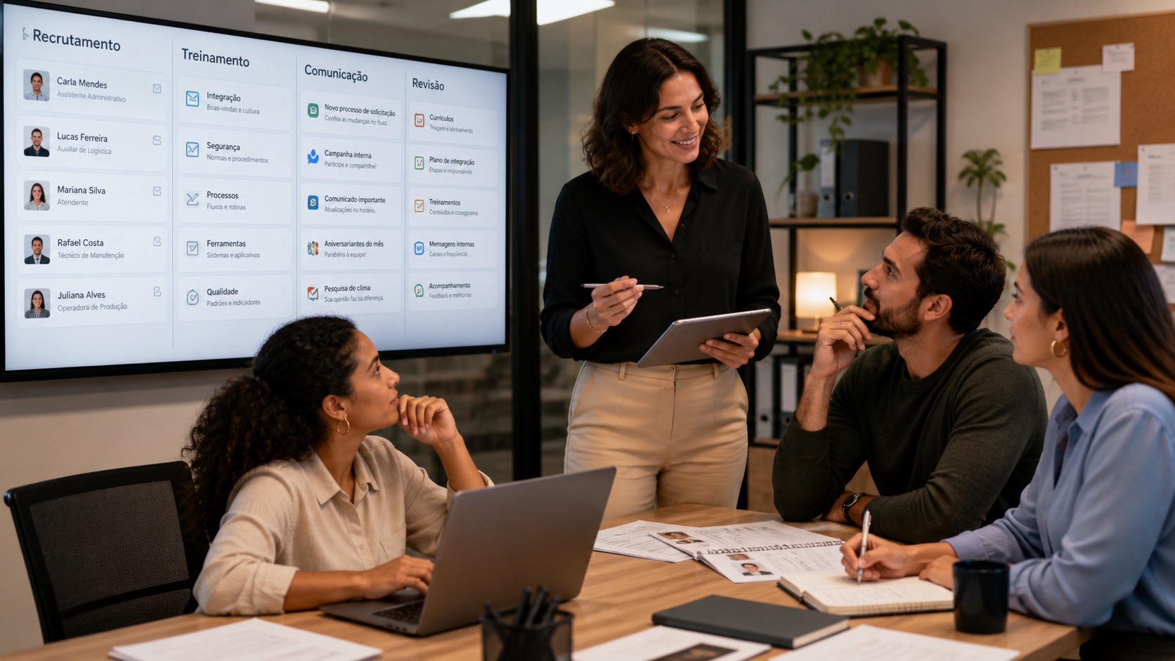 Equipe de RH usando painel de IA para recrutamento, treinamento, comunicação e revisão