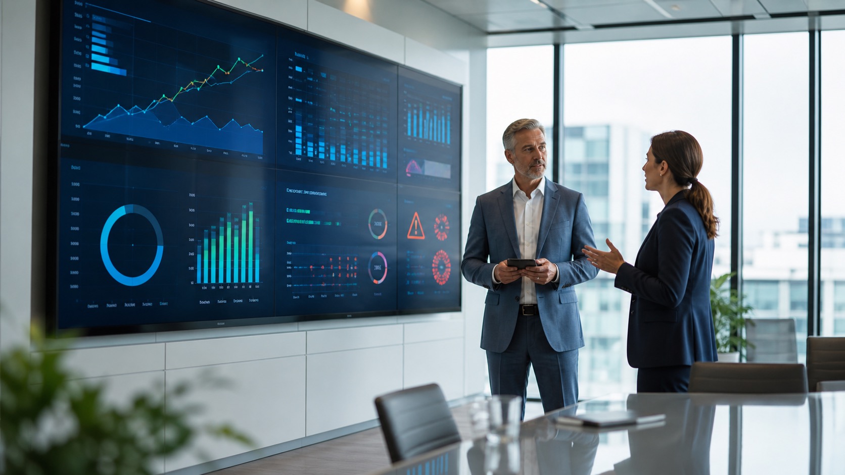 Sala executiva com painel de indicadores em tempo real sendo analisado por gestores.