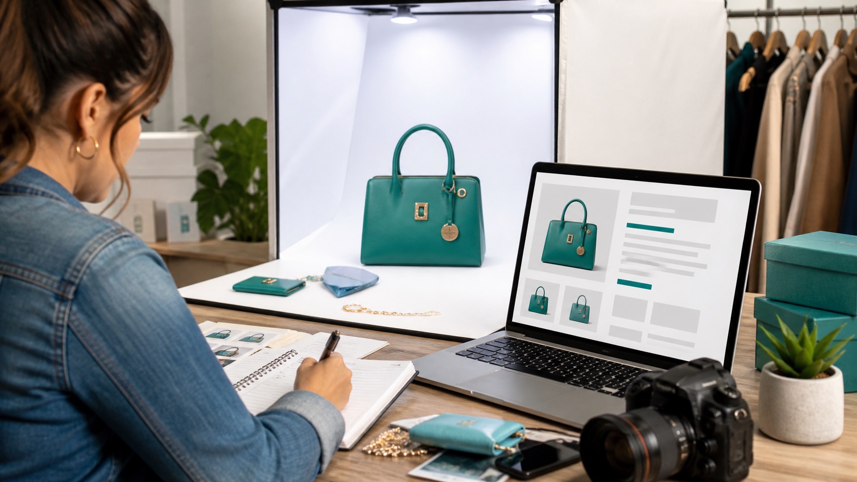 Produção de conteúdo para e-commerce com produto, fotografia e página de descrição.