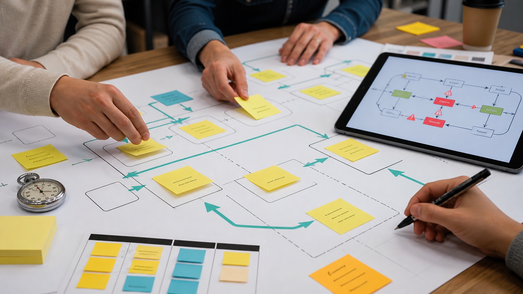 Mapa de processos com post-its, setas, gargalos e oportunidades de melhoria.