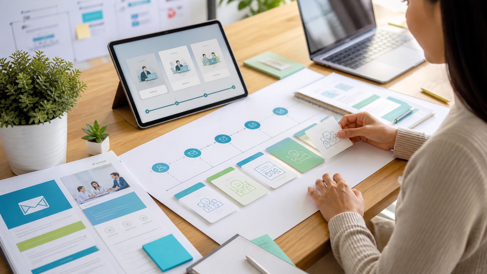 Jornada de onboarding com checklist, etapas de ativação e materiais de adoção.