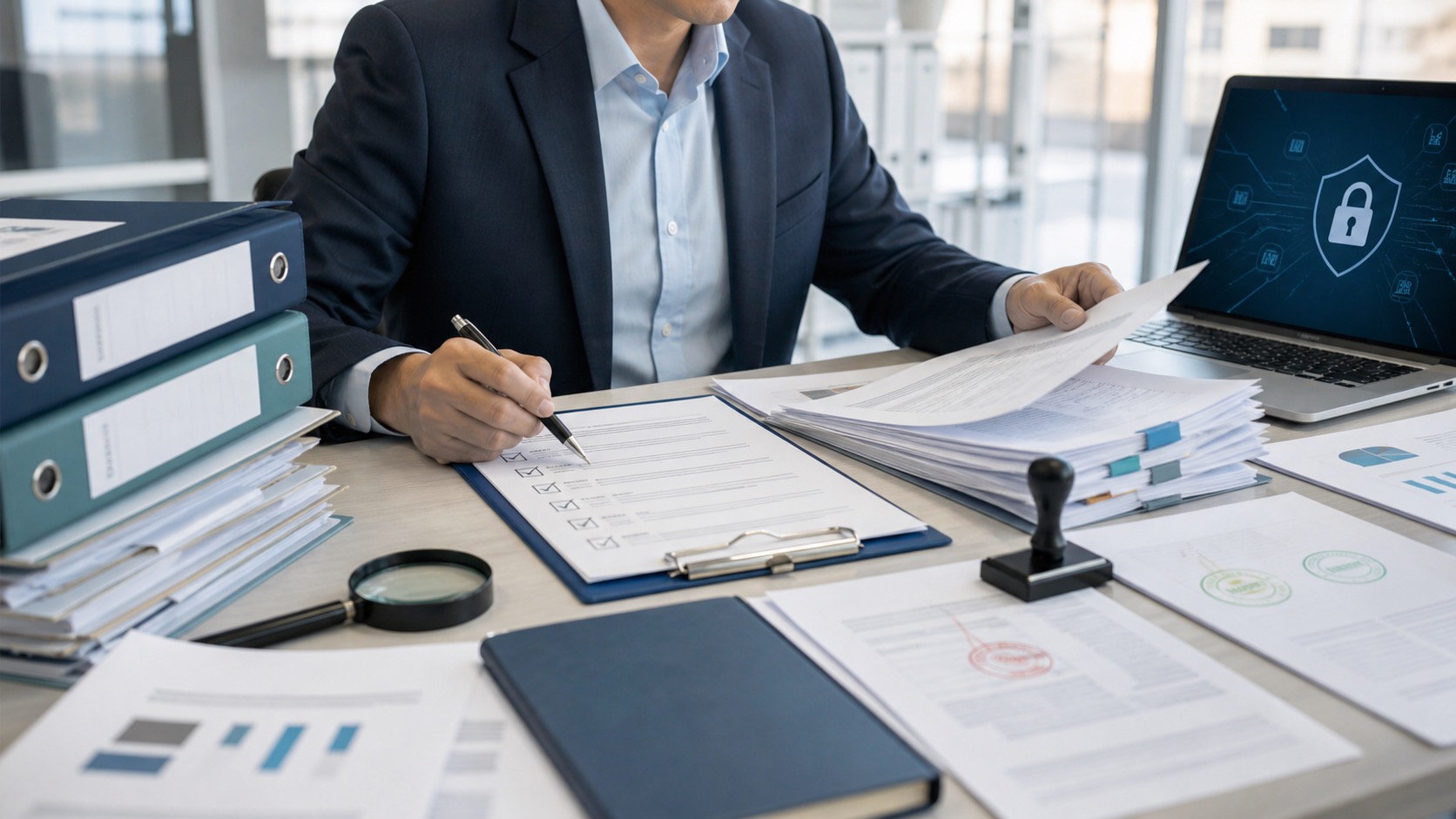 Documentos de auditoria, políticas e checklist de compliance com apoio de IA.