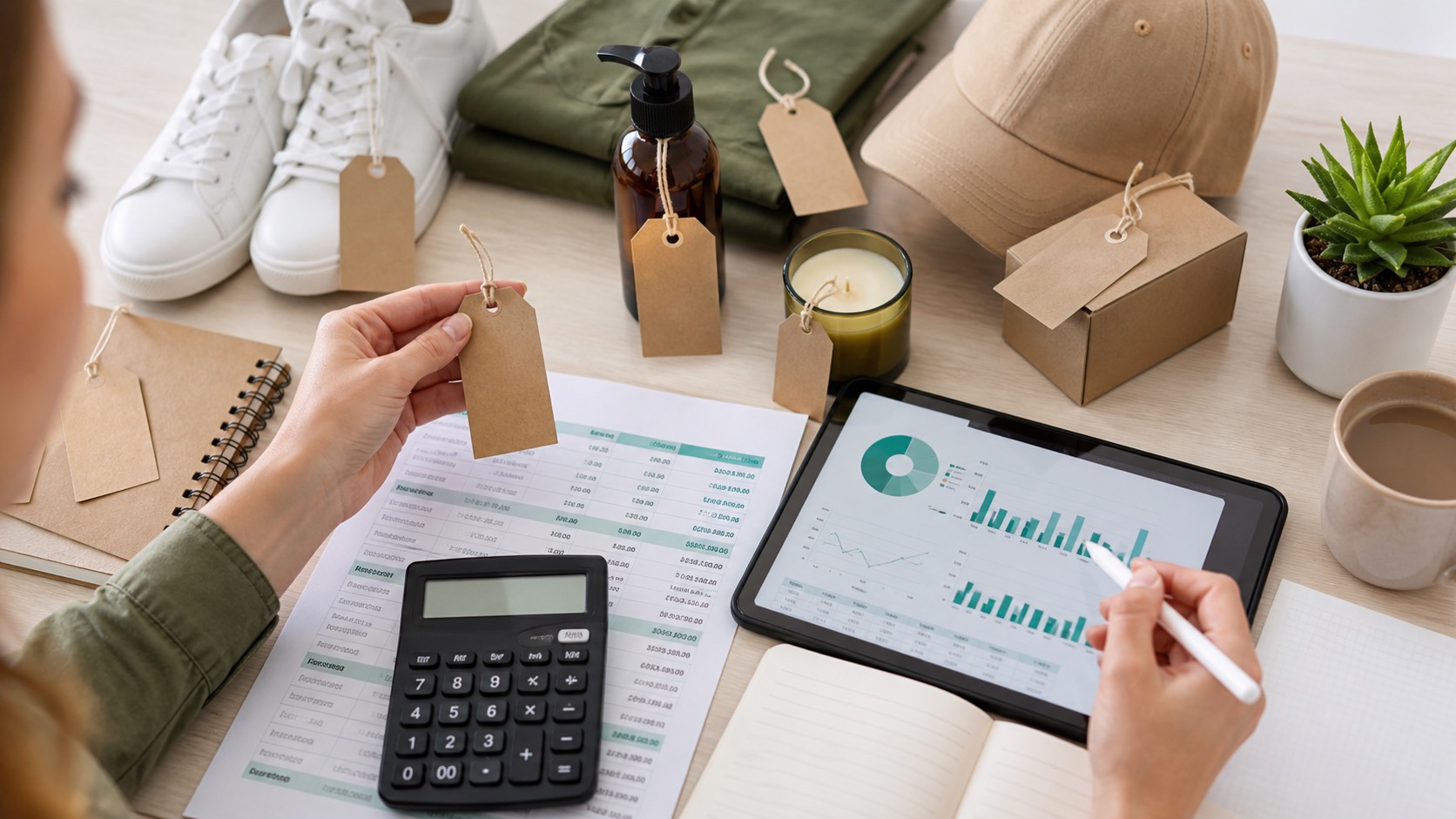 Produtos com etiquetas de preço, calculadora e análise de margem para precificação com IA.