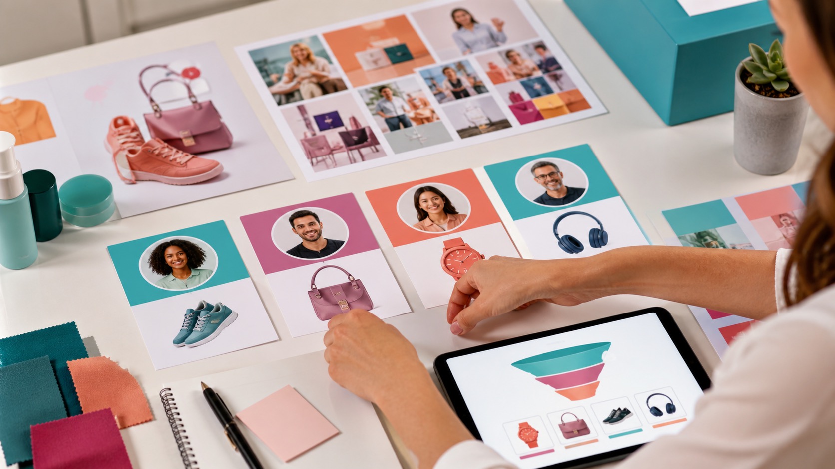 Mesa de marketing com personas, produtos e ofertas personalizadas por segmento.