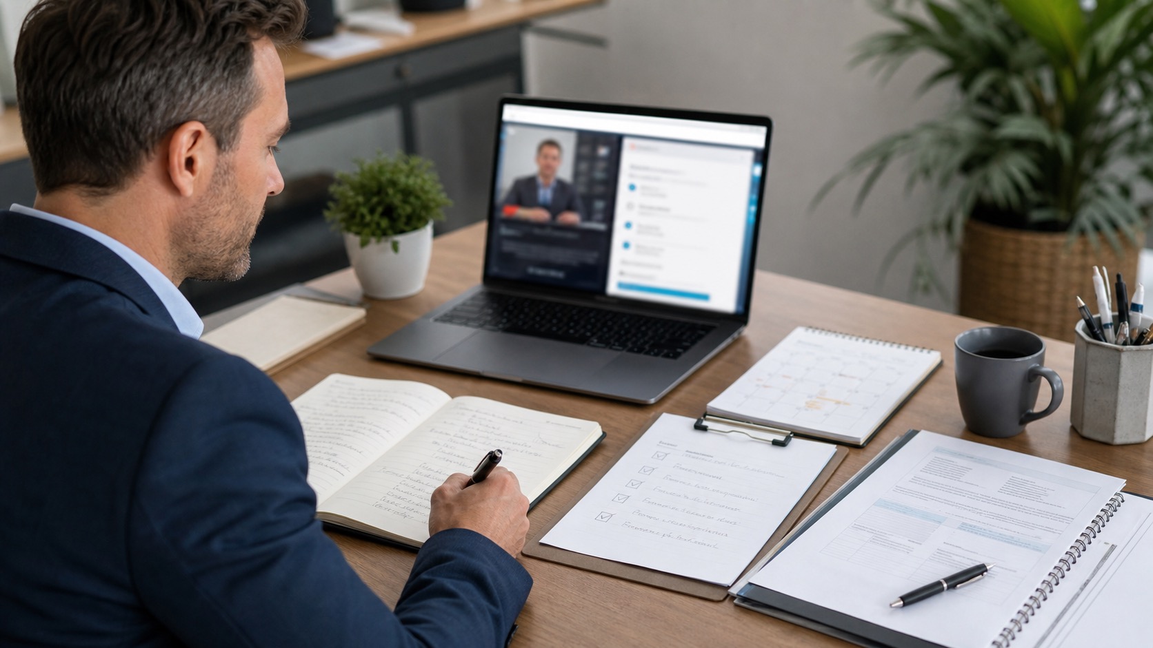 Reunião comercial online com anotações, checklist de follow-up e proposta.