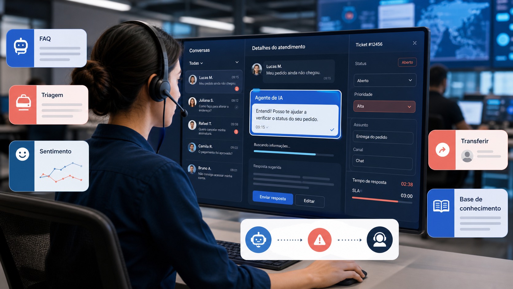 Agente de IA para atendimento ao cliente com FAQ, triagem, sentimento, SLA, base de conhecimento e transferência para humano