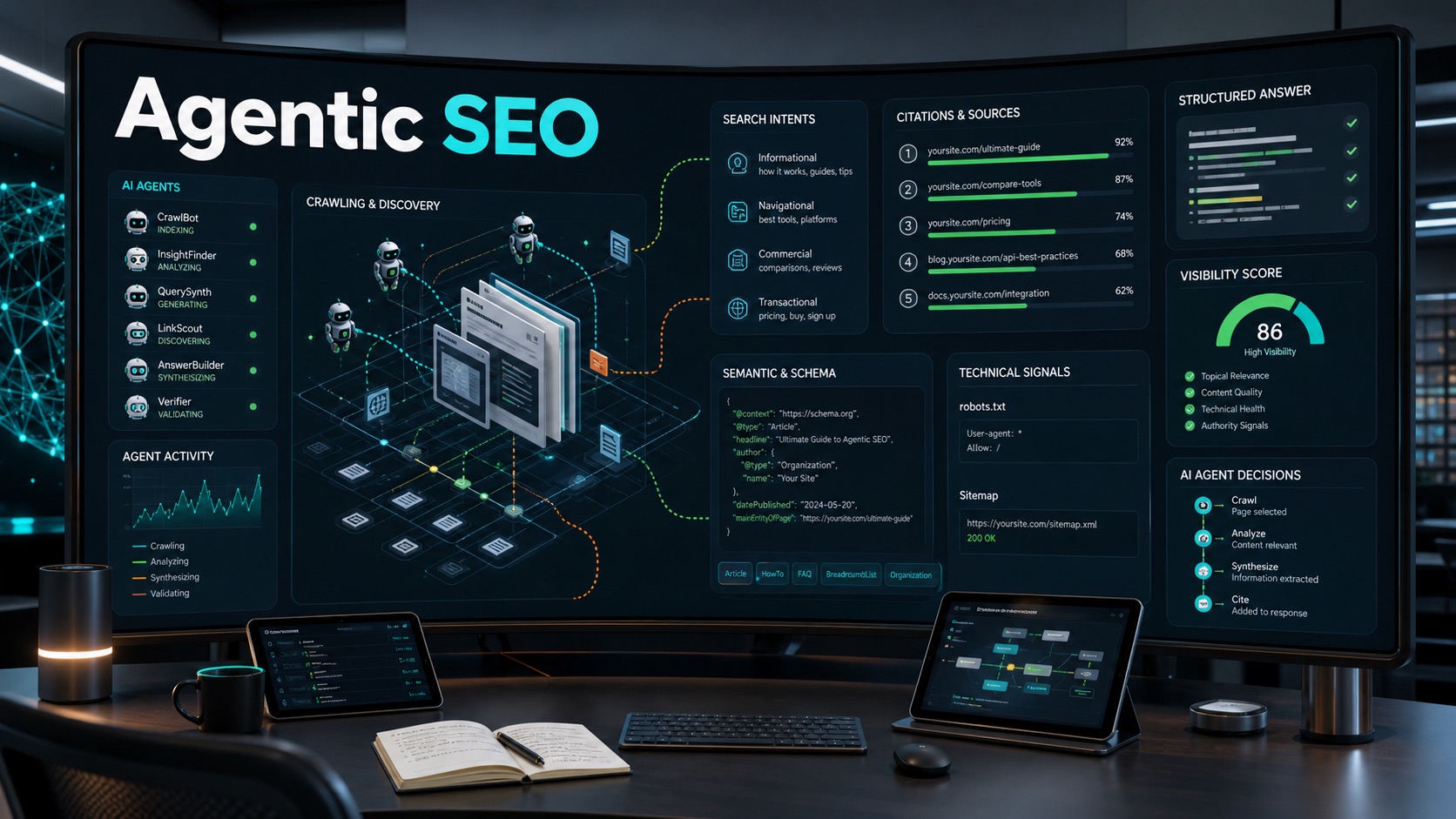 Painel de Agentic SEO com agentes de IA analisando páginas, citações, schema, sitemap e respostas estruturadas
