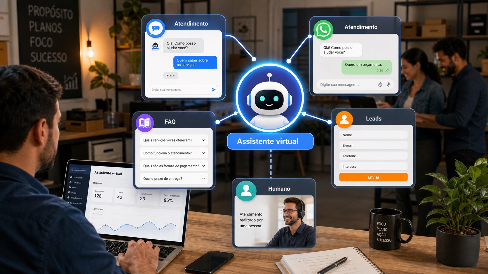 Painel de assistente virtual com IA integrado a FAQ, leads, atendimento, WhatsApp, site e transferência para humano