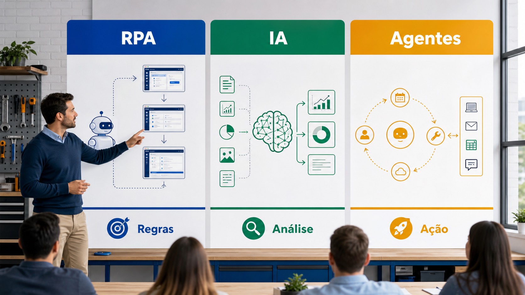 Comparação de automação inteligente mostrando RPA com regras, IA com análise e agentes com ação em ferramentas