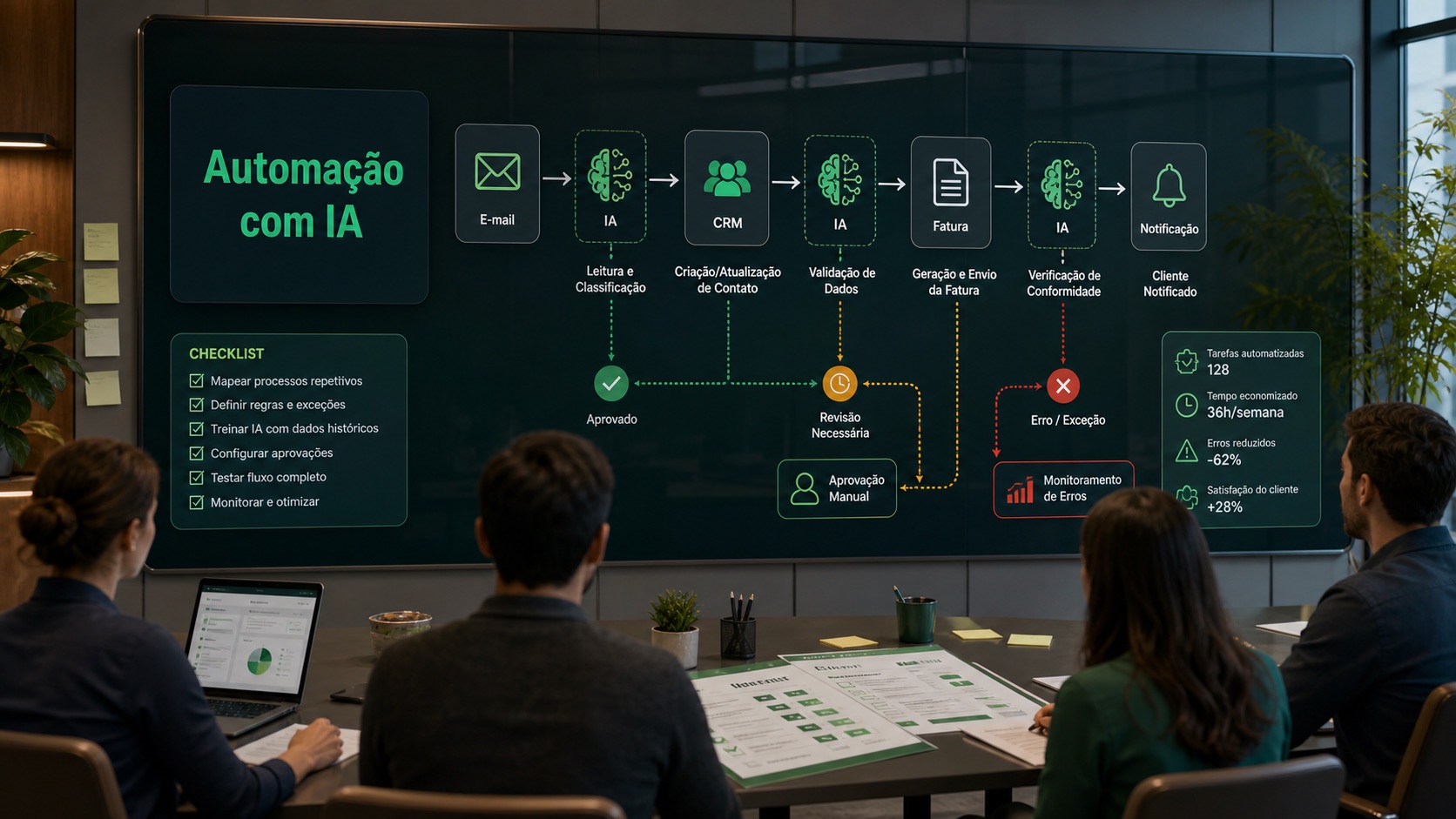 Fluxo de automação de tarefas com IA mostrando e-mail, CRM, fatura, aprovação, notificação e checklist