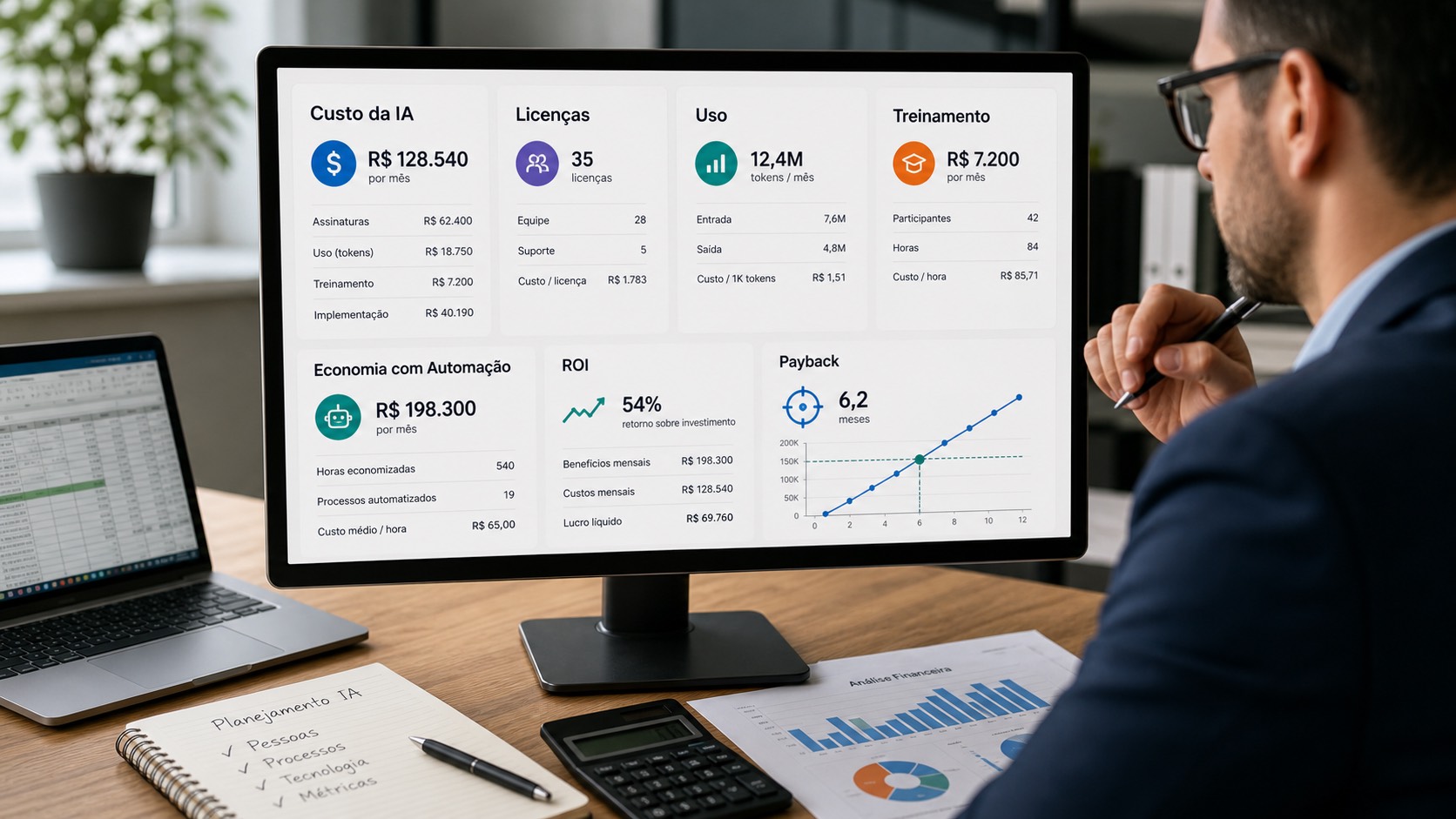 Calculadora de custos de IA com licenças, uso, treinamento, integração, segurança, payback e retorno sobre investimento