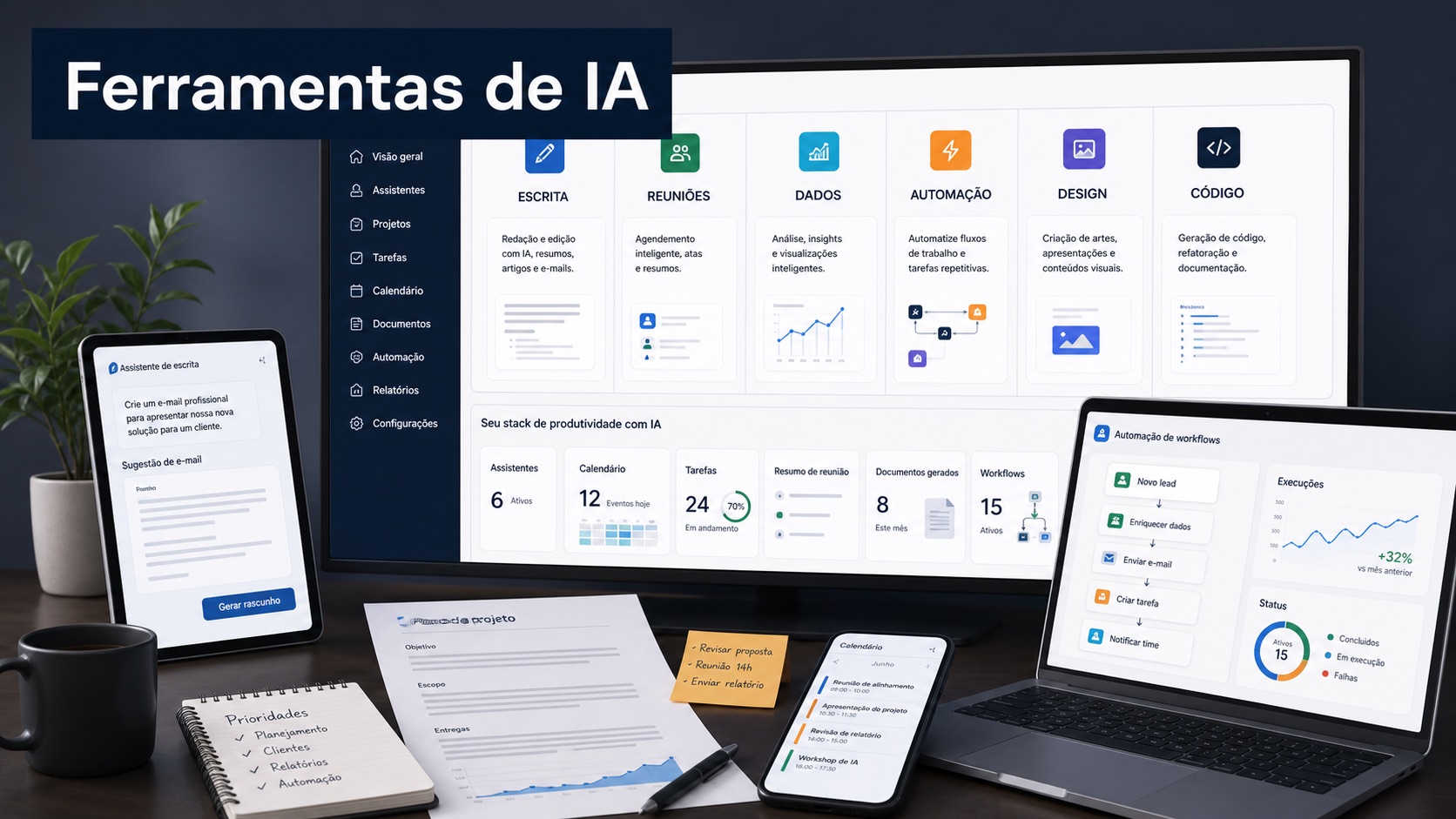 Painel comparando ferramentas de IA para escrita, reuniões, dados, automação, design e código