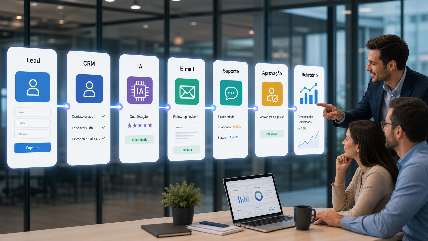 Fluxo de automação com IA conectando lead, CRM, qualificação, e-mail, suporte, aprovação e relatório de vendas