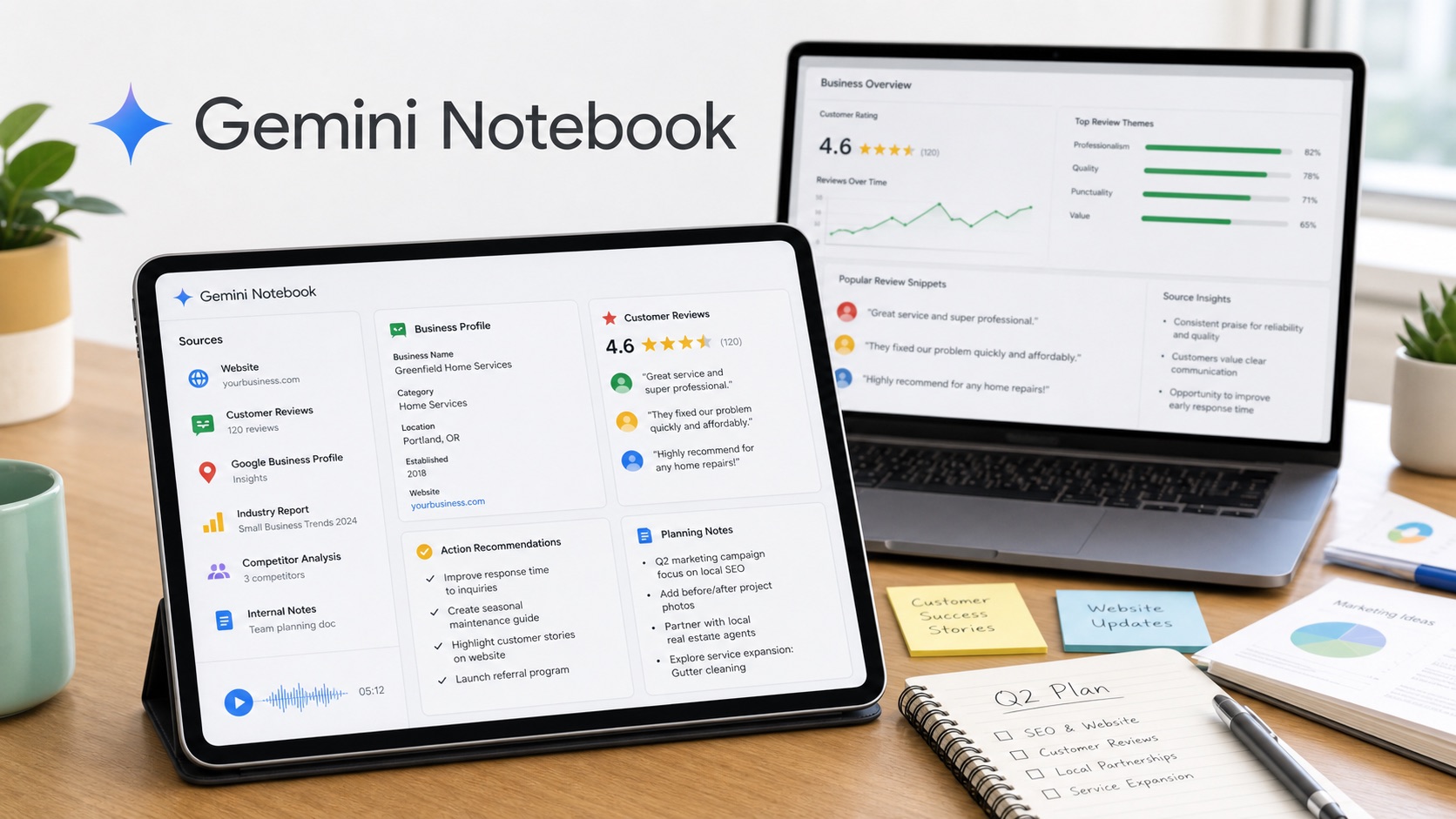 Tablet com interface inspirada no Gemini Notebook reunindo avaliações, fontes e plano de marketing