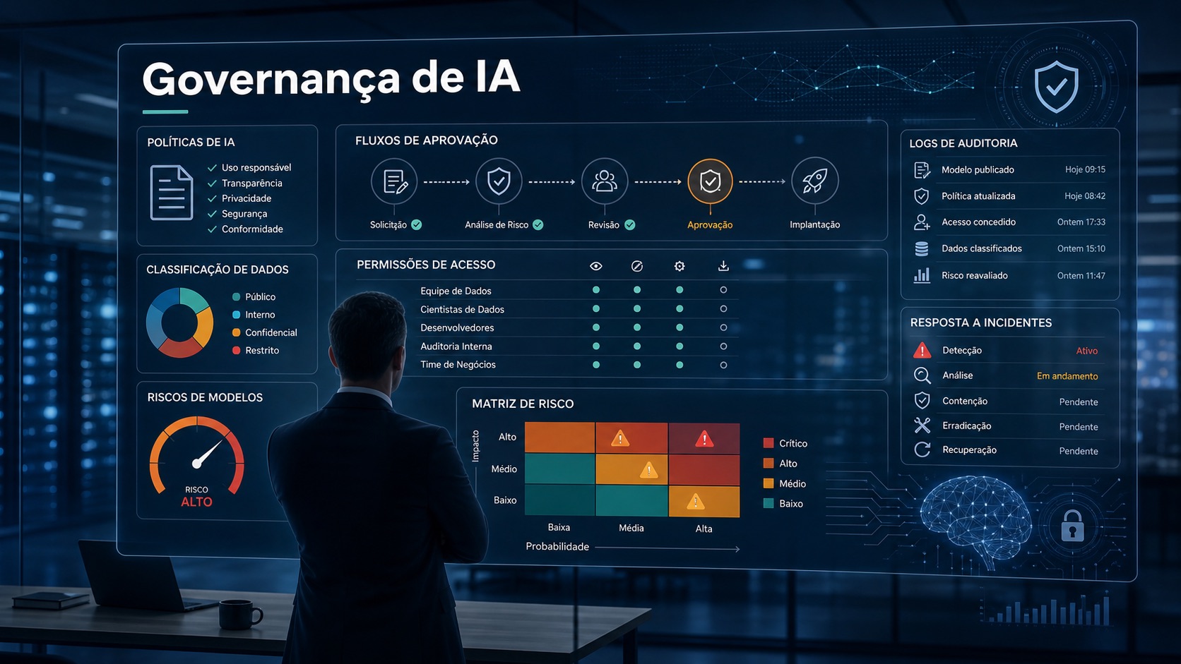Painel de governança de IA com políticas, permissões, classificação de dados, matriz de risco e logs de auditoria