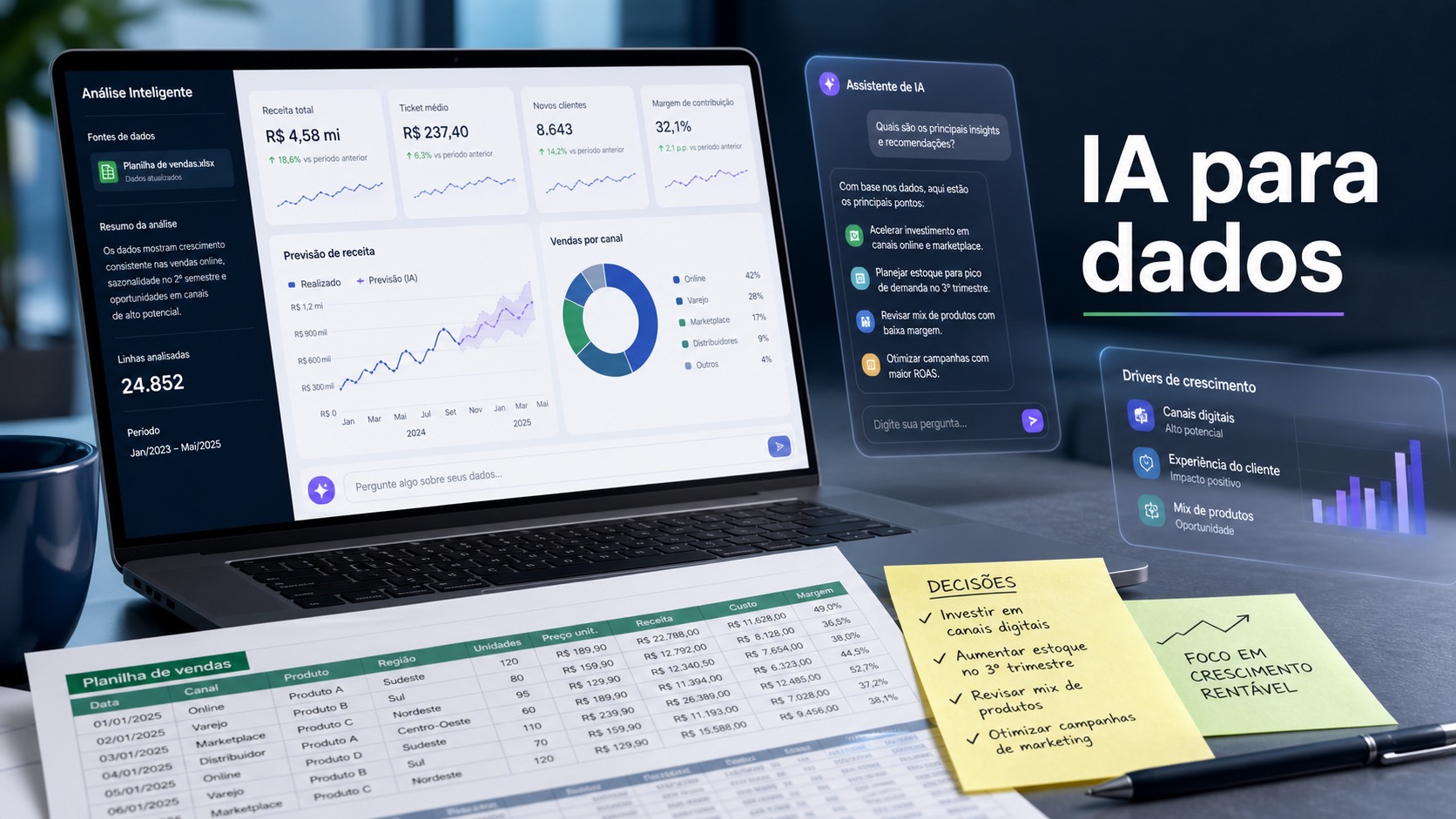 Painel de IA para análise de dados com planilha, gráficos, previsão de receita e recomendações de decisão
