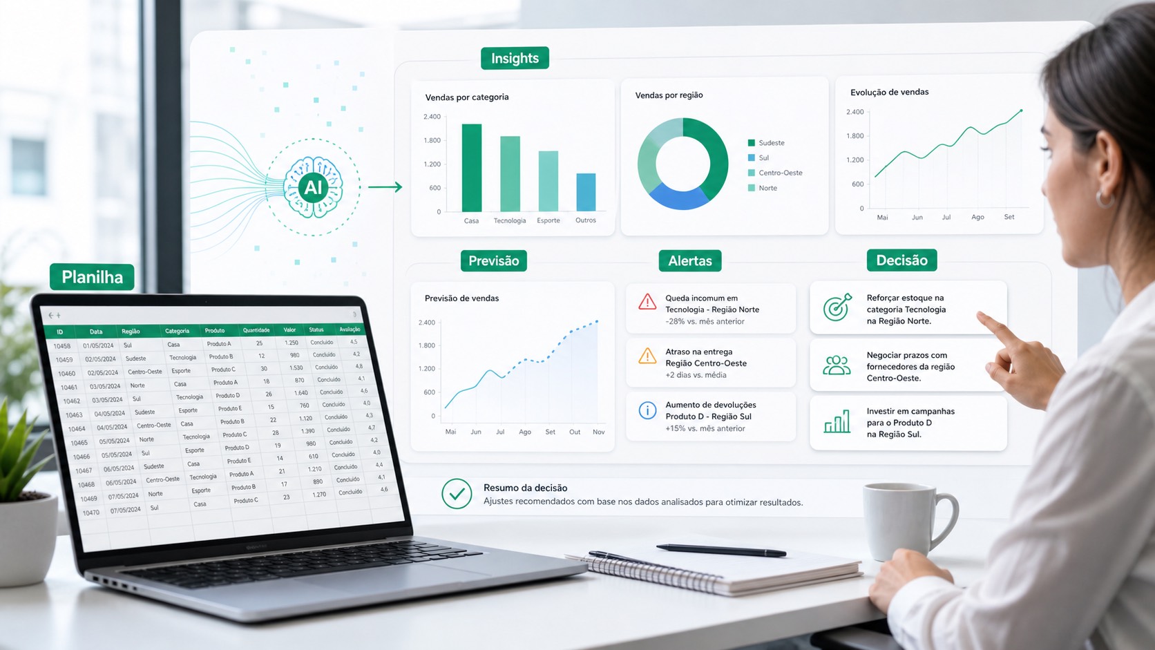 IA analisando dados de vendas e gerando gráficos, insights, previsões, alertas e oportunidades comerciais