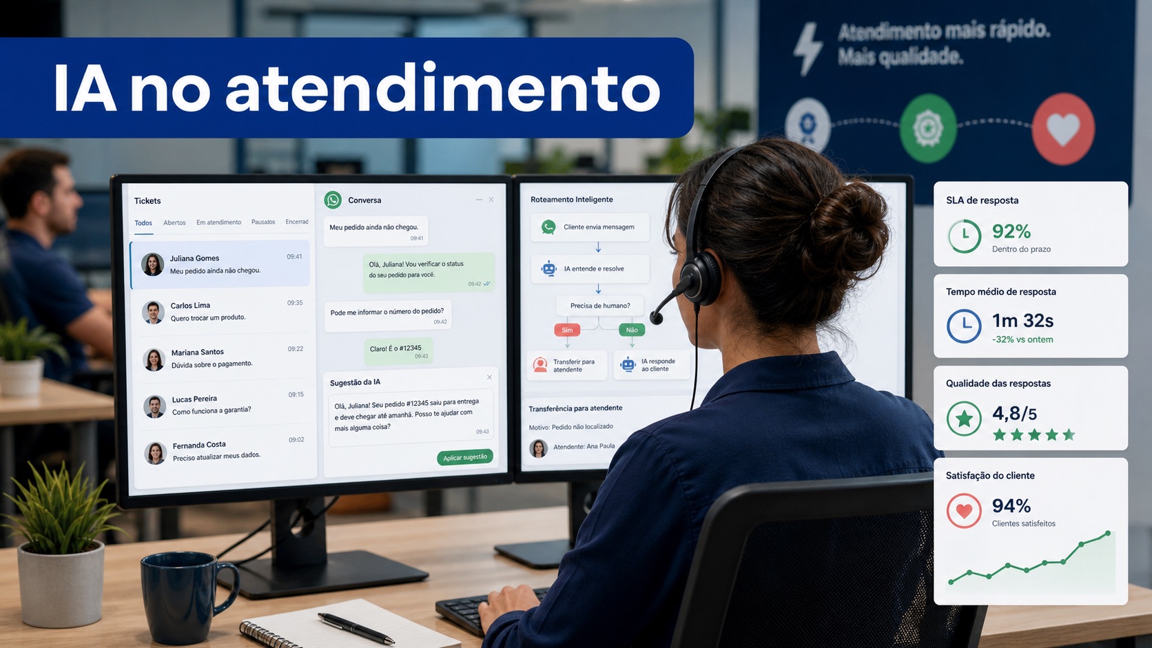 Central de atendimento com IA, painel de tickets, chatbot, transferência humana e indicadores de qualidade