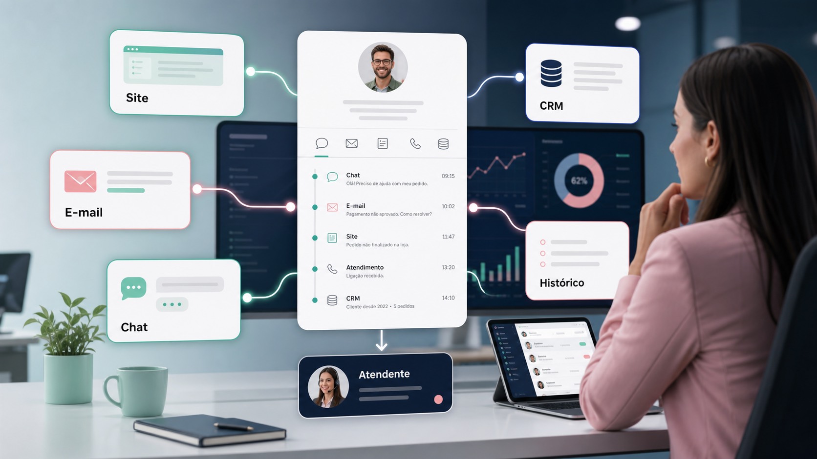 IA para atendimento omnichannel conectando site, e-mail, chat, CRM, histórico do cliente e atendente humano