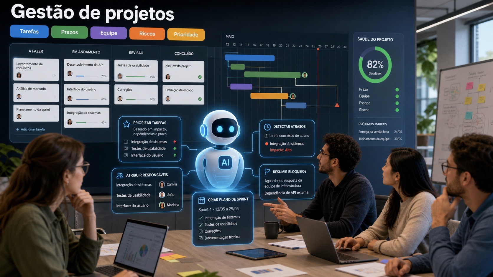 Painel de gestão de projetos com IA organizando tarefas, prazos, equipe, riscos, prioridade, atrasos e plano de sprint