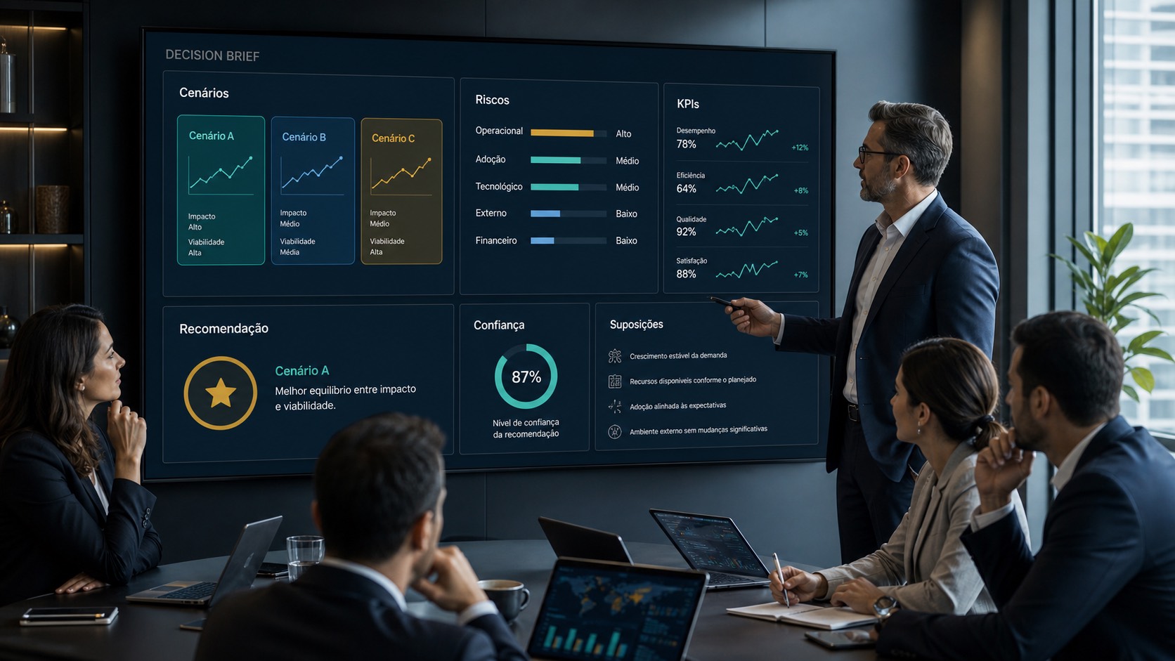 IA para gestores com cenários, riscos, KPIs, recomendação, nível de confiança e suposições para tomada de decisão