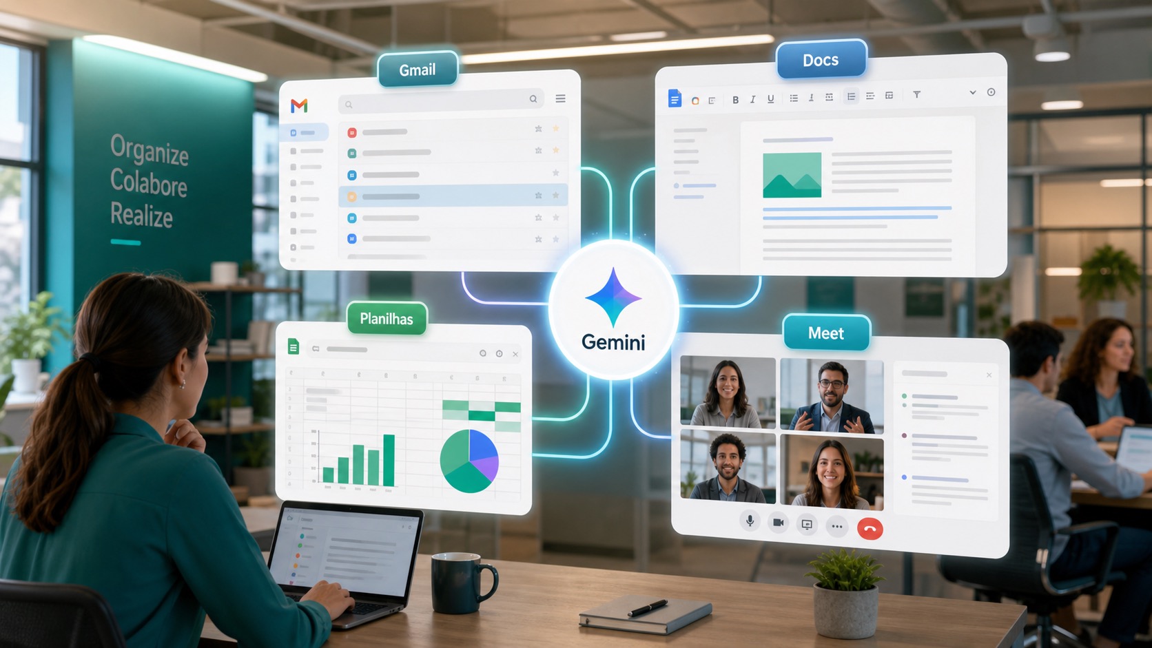 Painel do Google Workspace com Gemini conectado ao Gmail, Docs, Planilhas e Meet em uma rotina de produtividade empresarial