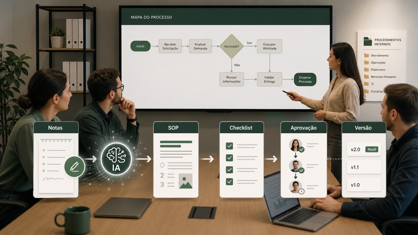 IA criando manuais, SOPs, checklists, versões e fluxos de aprovação para processos internos da empresa