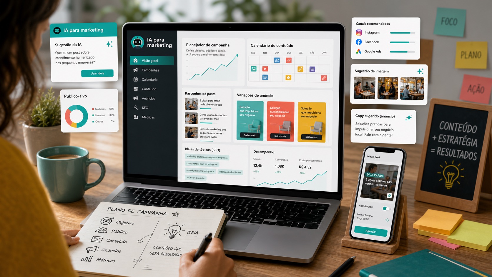 Painel de marketing digital com IA criando calendário, anúncios, ideias de conteúdo e métricas para pequena empresa