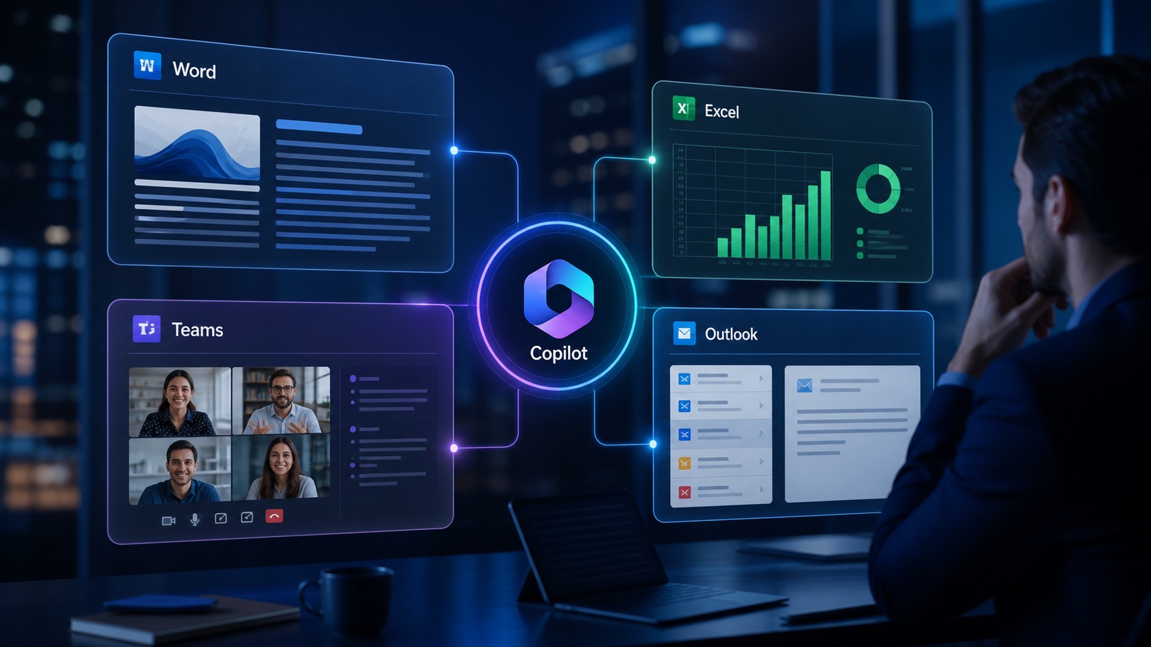 Painel do Microsoft 365 com Copilot conectado ao Word, Excel, Teams e Outlook para tarefas de produtividade empresarial