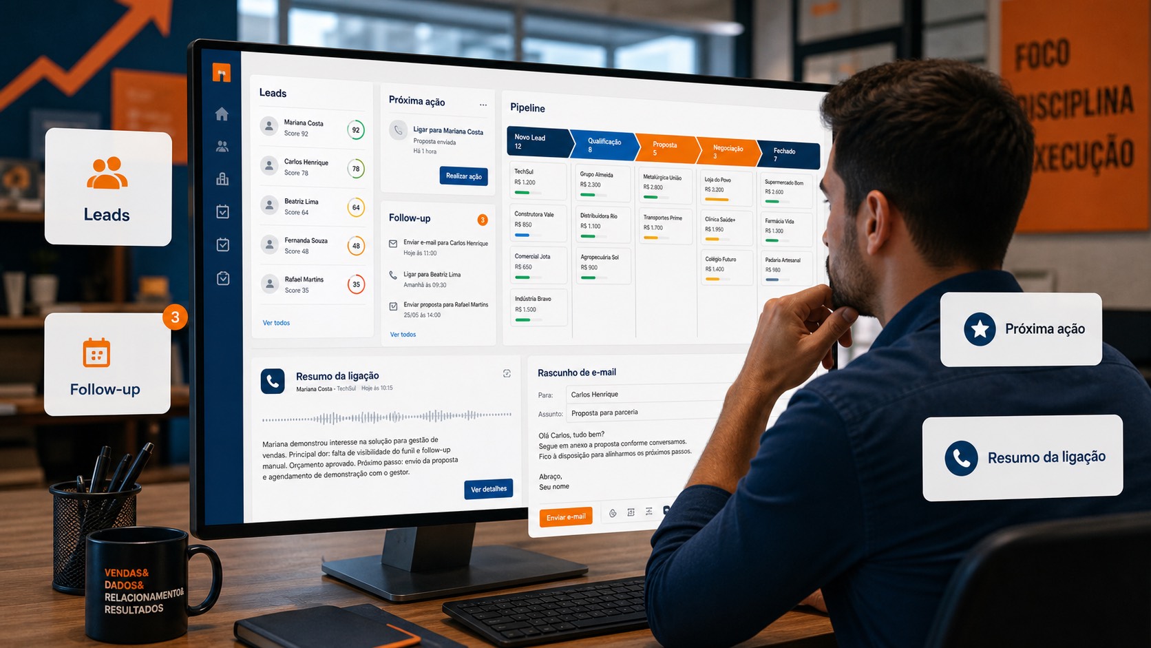 CRM com IA qualificando leads, sugerindo próxima ação, follow-up, resumo de ligação, pipeline e rascunho de e-mail