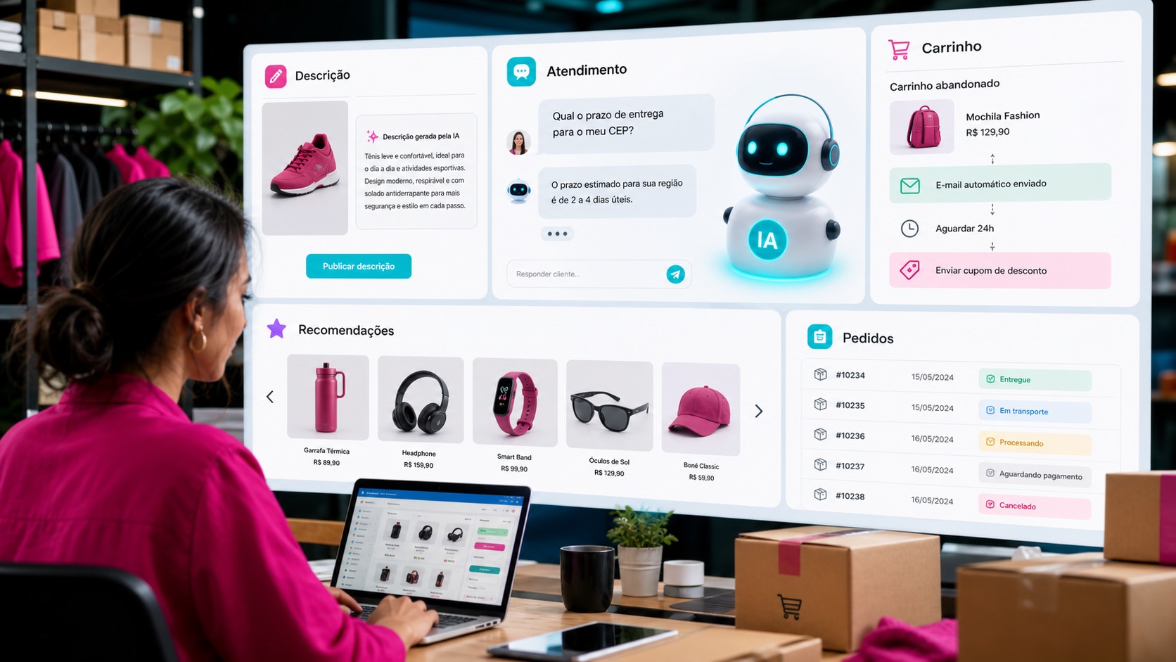 Painel de IA para e-commerce com descrição de produtos, atendimento, carrinho abandonado, recomendações e pedidos