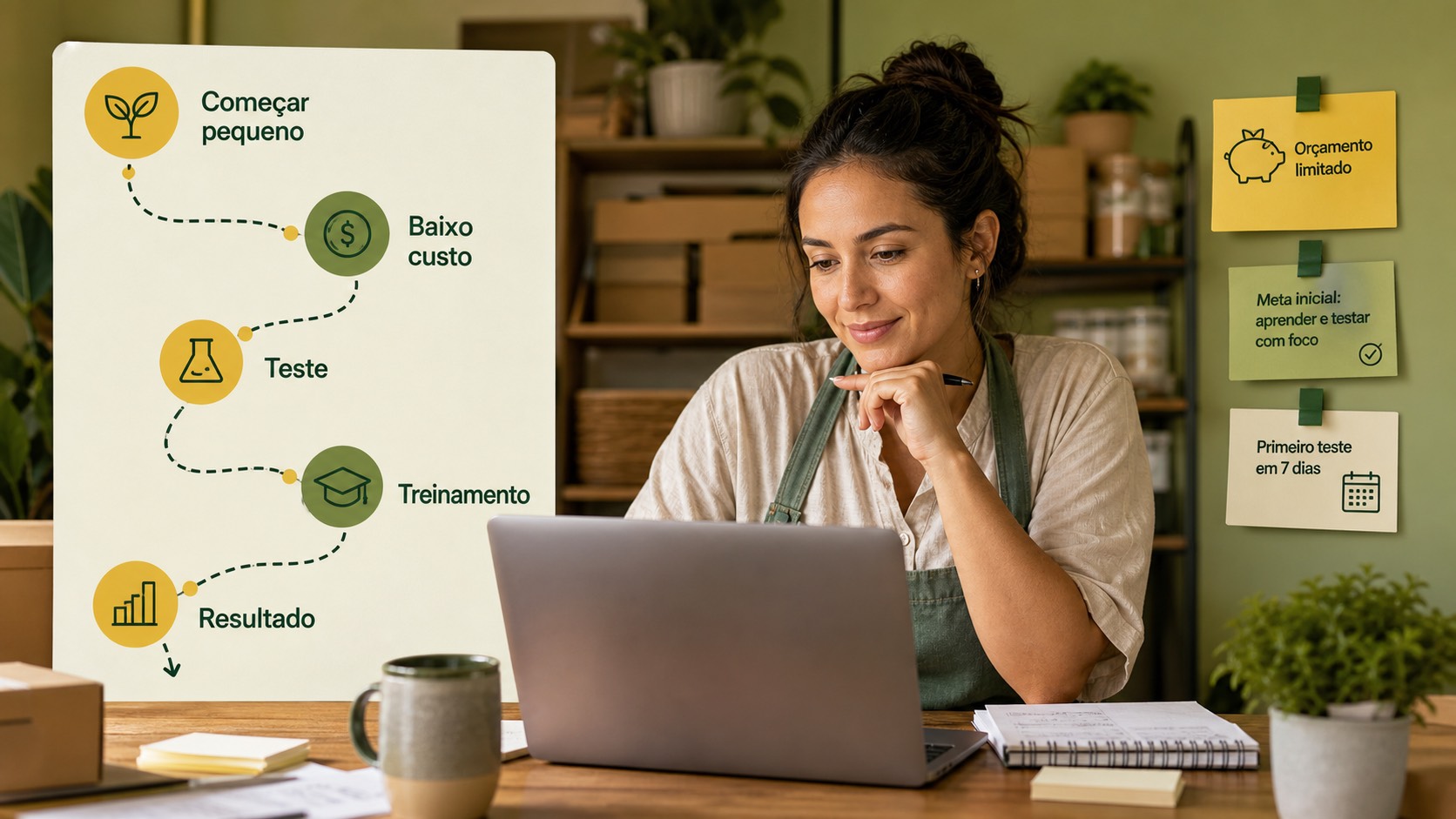 Pequena empresa planejando adoção de IA com baixo custo, teste inicial, treinamento, orçamento limitado e medição de resultado