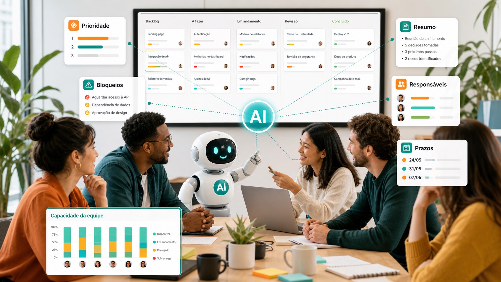 Equipe usando IA para organizar prioridades, resumos, responsáveis, prazos, bloqueios e capacidade de trabalho