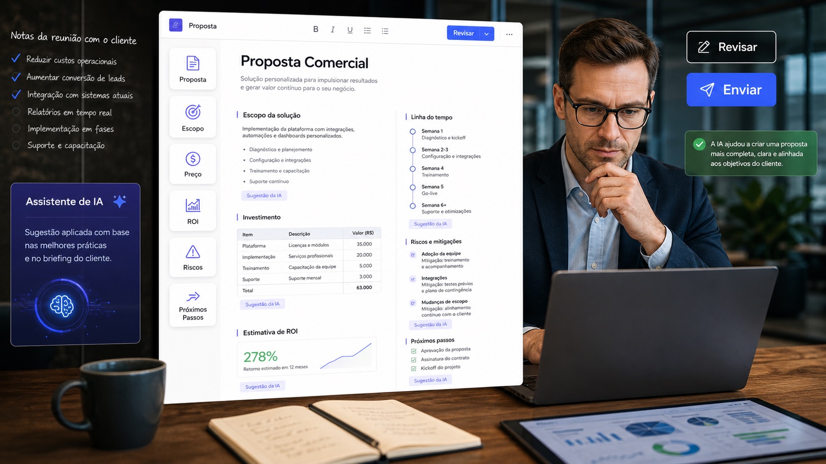 Proposta comercial gerada com apoio de IA mostrando escopo, preço, ROI, cronograma, riscos, revisão e envio