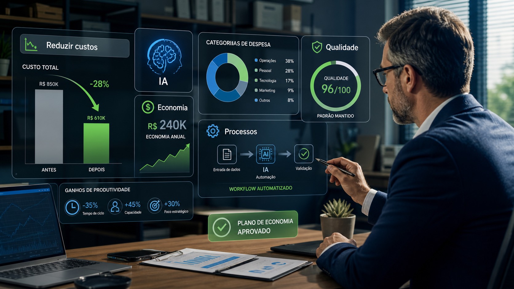 Painel de IA mostrando redução de custos, qualidade do serviço, automação de processos e economia mensal na empresa