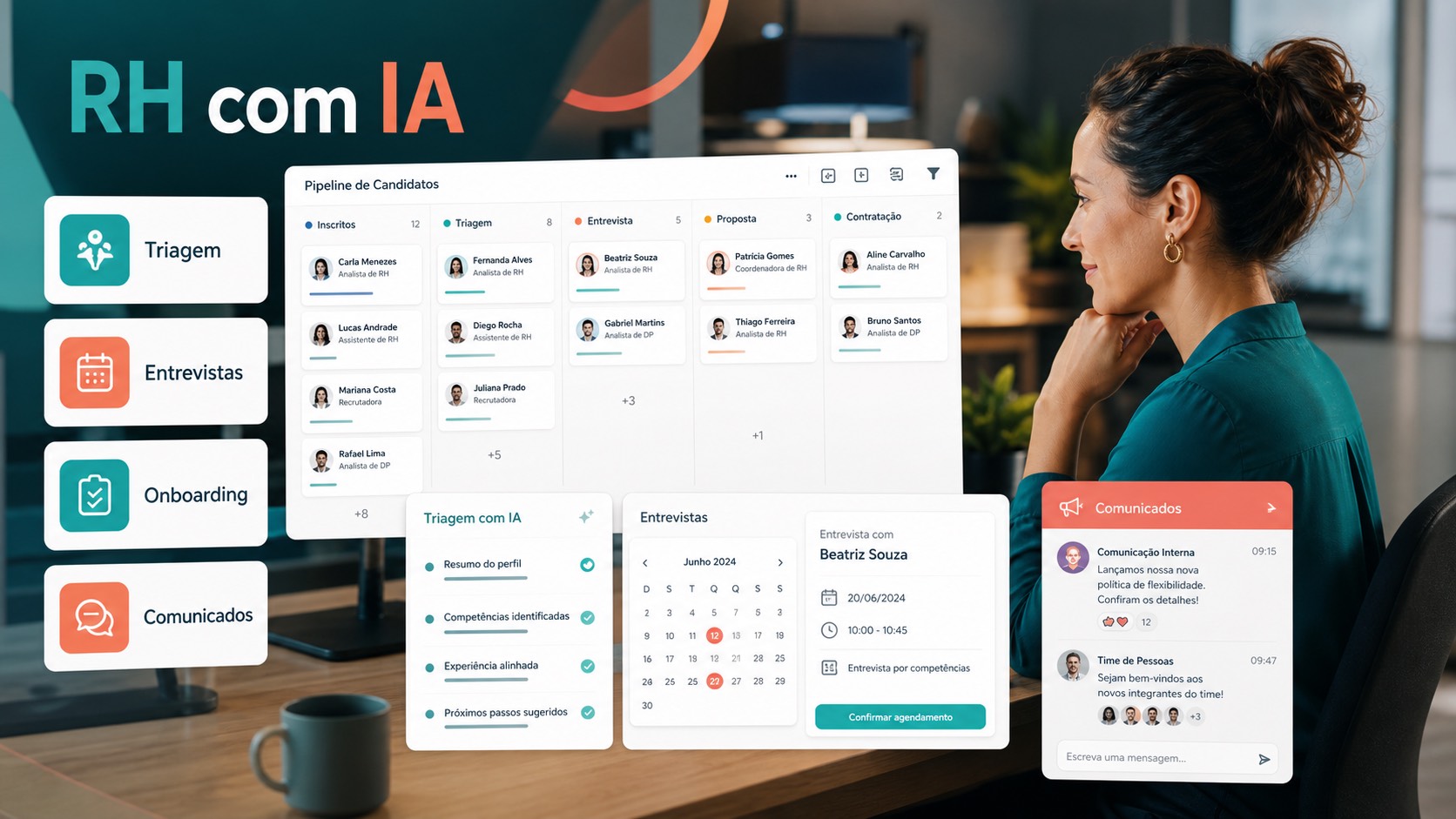 Painel de IA no RH com pipeline de candidatos, triagem, entrevistas, onboarding e comunicados internos