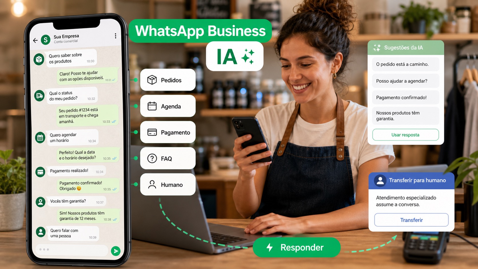 WhatsApp Business com IA sugerindo respostas para pedidos, agenda, pagamento, FAQ e transferência para humano
