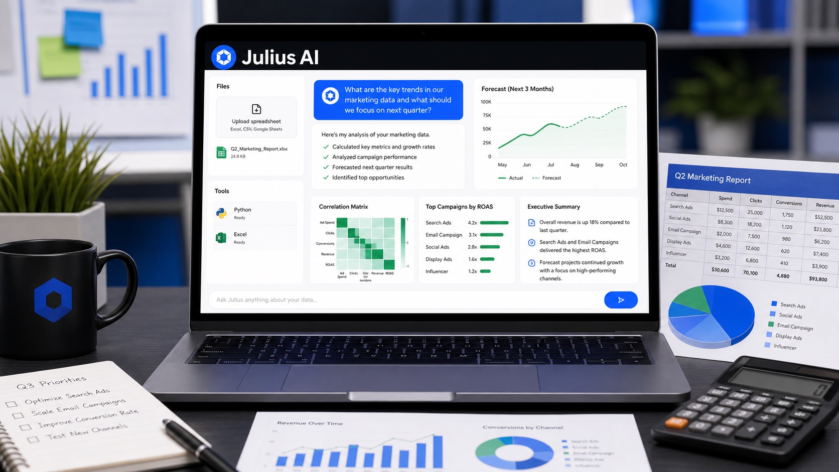 Tela inspirada no Julius AI analisando planilhas, gráficos, previsões e relatório de marketing