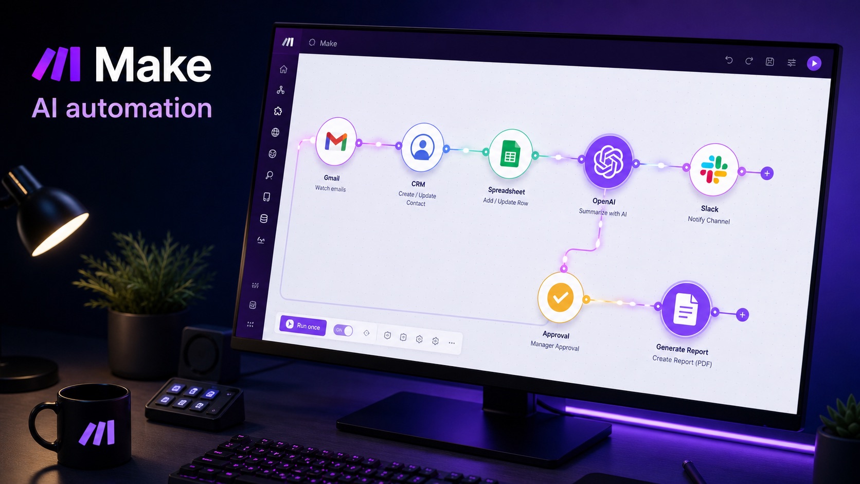 Interface inspirada no Make com automação visual, módulos conectados e etapa de IA
