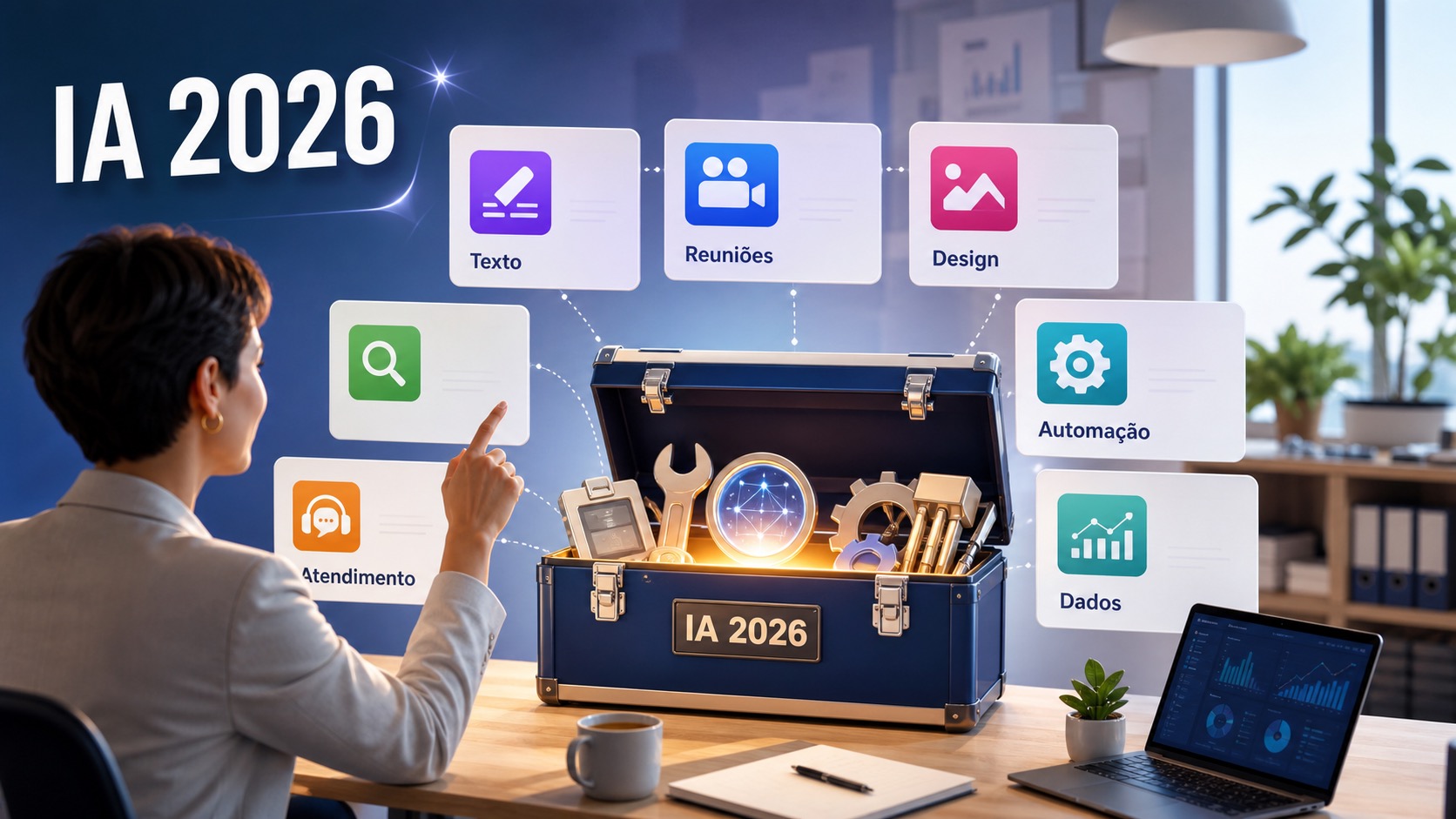 Caixa de ferramentas de IA 2026 com categorias para texto, reuniões, design, automação, dados e atendimento