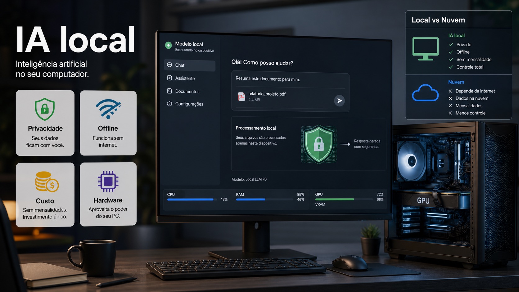 Computador executando IA local com comparação entre processamento local, privacidade, offline, custo, hardware e nuvem