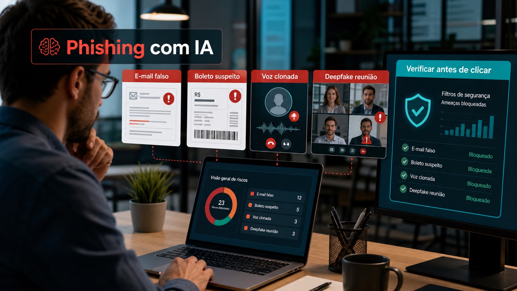 Funcionário analisando painel de segurança com e-mail falso, boleto suspeito, voz clonada e deepfake gerados por IA