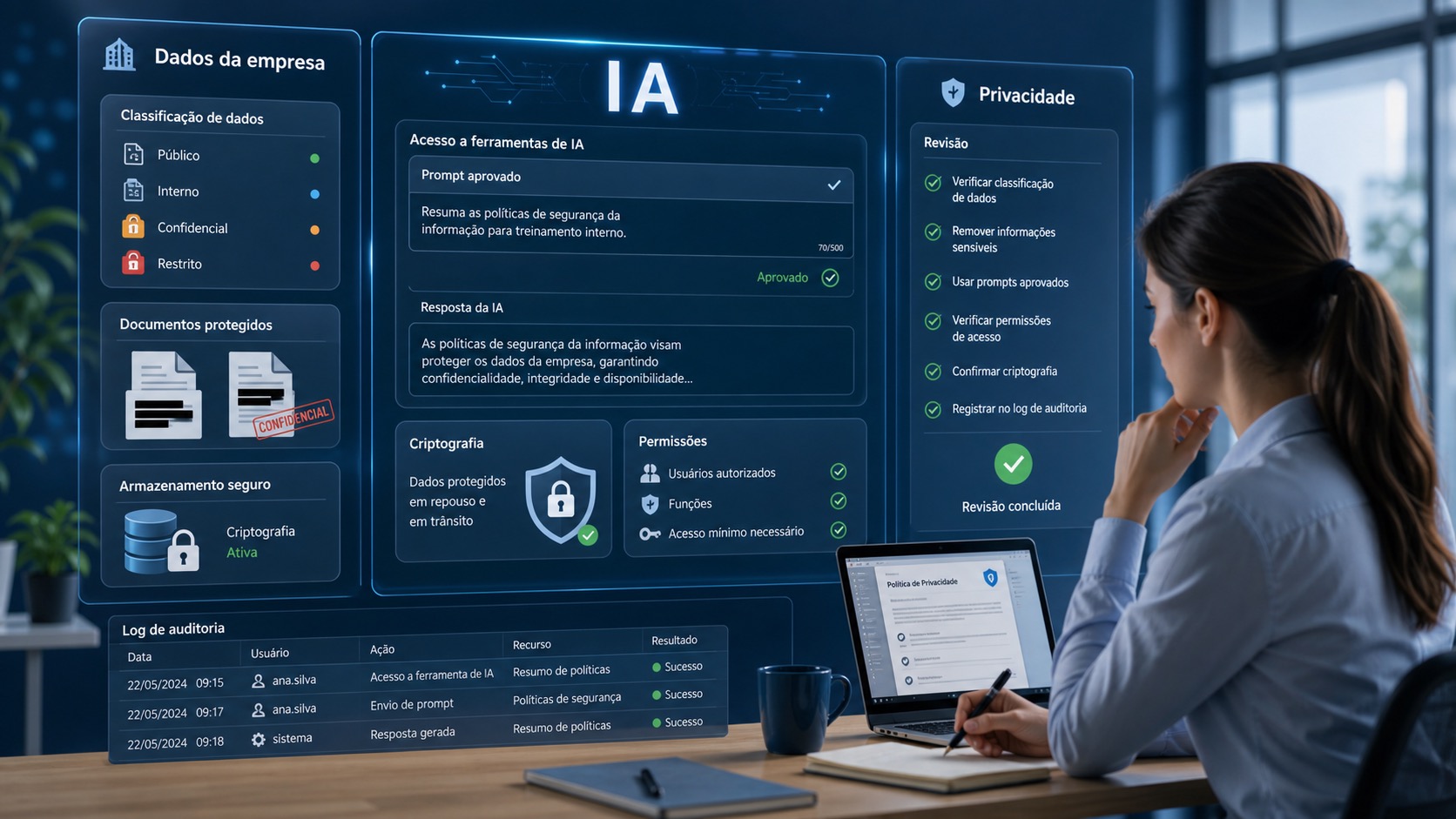 Painel de proteção de dados para ferramentas de IA com classificação, documentos protegidos, permissões, privacidade e auditoria