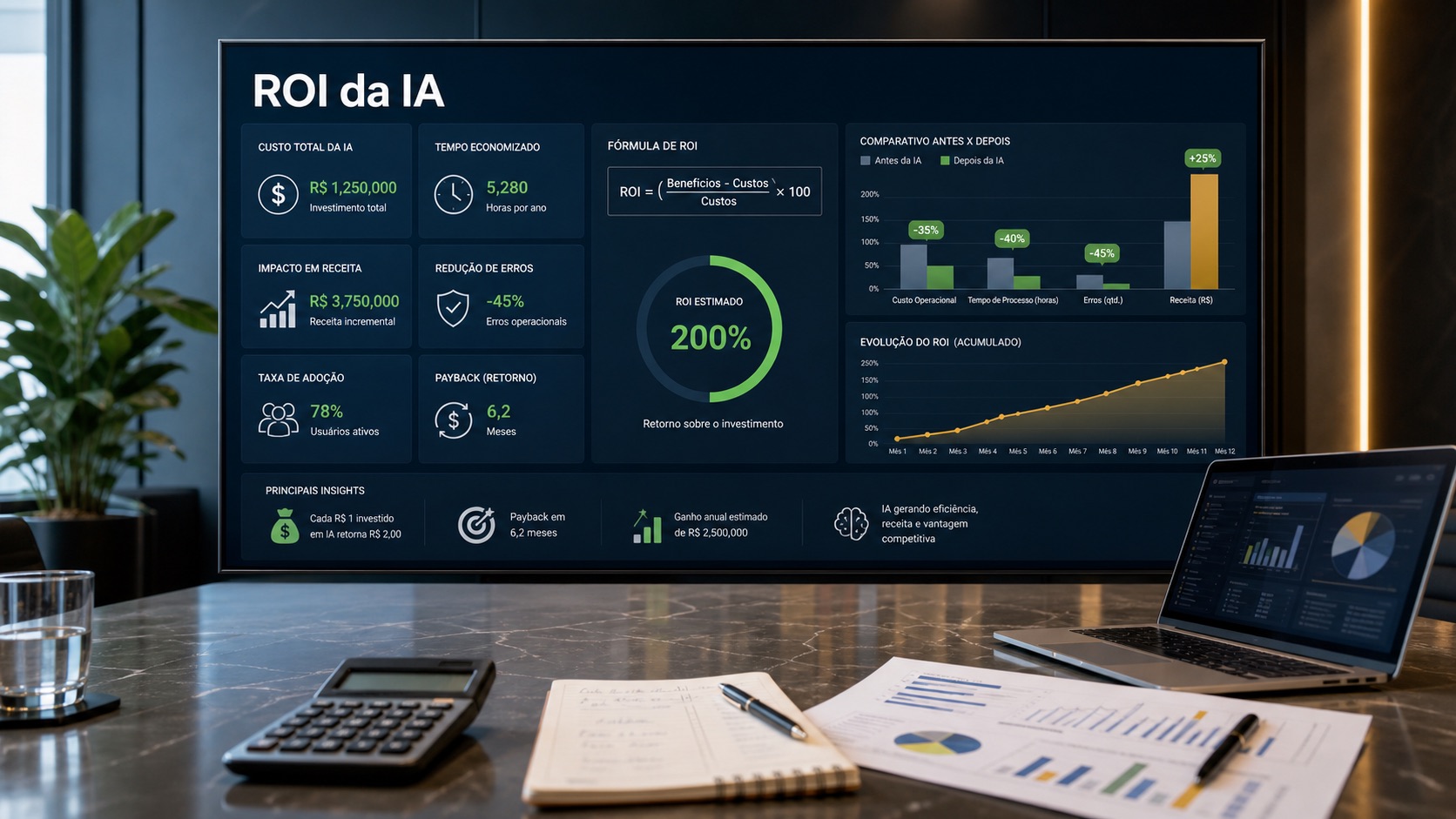 Painel executivo medindo ROI da IA com custo, tempo economizado, receita, adoção, payback e gráficos antes e depois