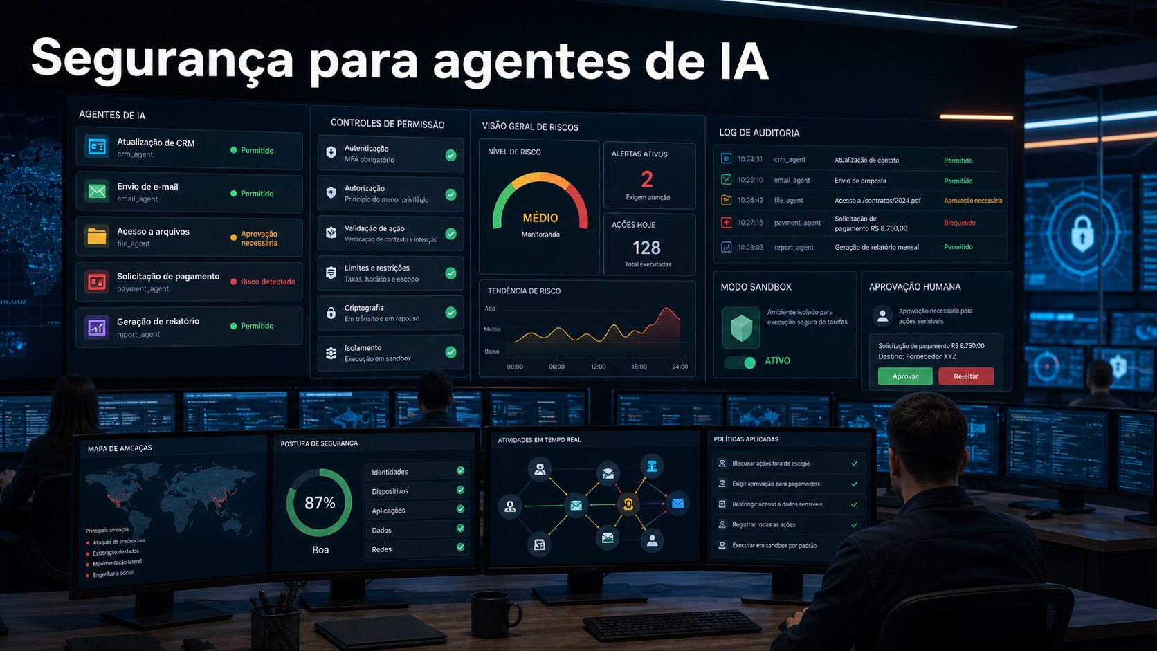 Central de segurança monitorando agentes de IA com permissões, sandbox, logs, aprovação humana e alertas de risco