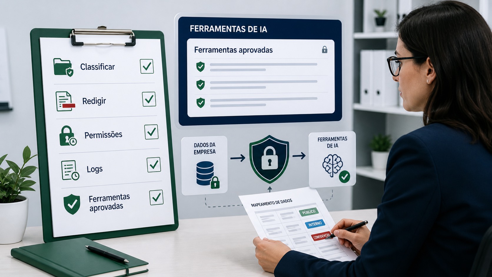Checklist de segurança de dados em IA com classificação, redação de dados, permissões, logs e ferramentas aprovadas