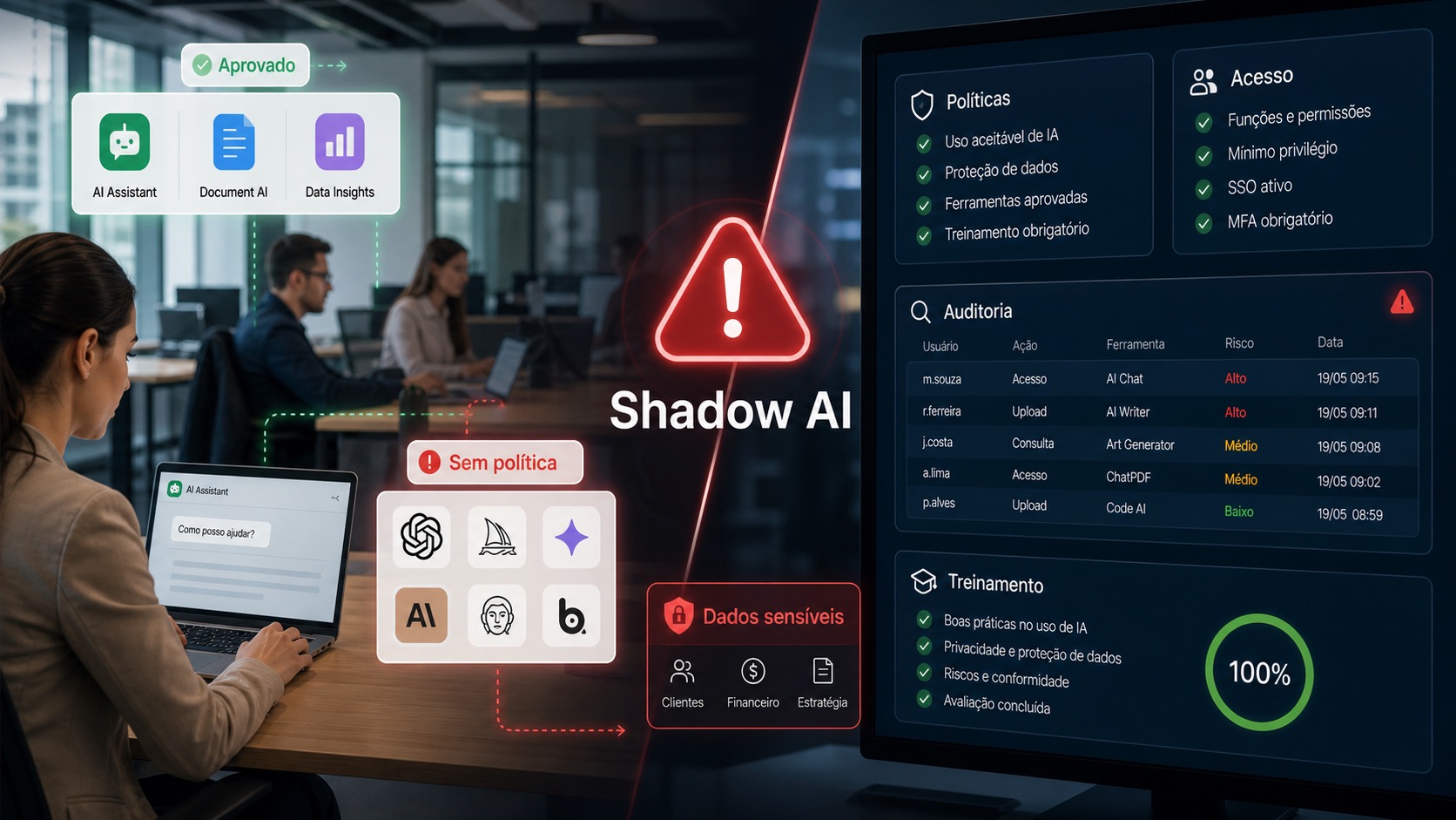 Painel de Shadow AI comparando ferramentas aprovadas e uso sem política com alertas de dados sensíveis e auditoria