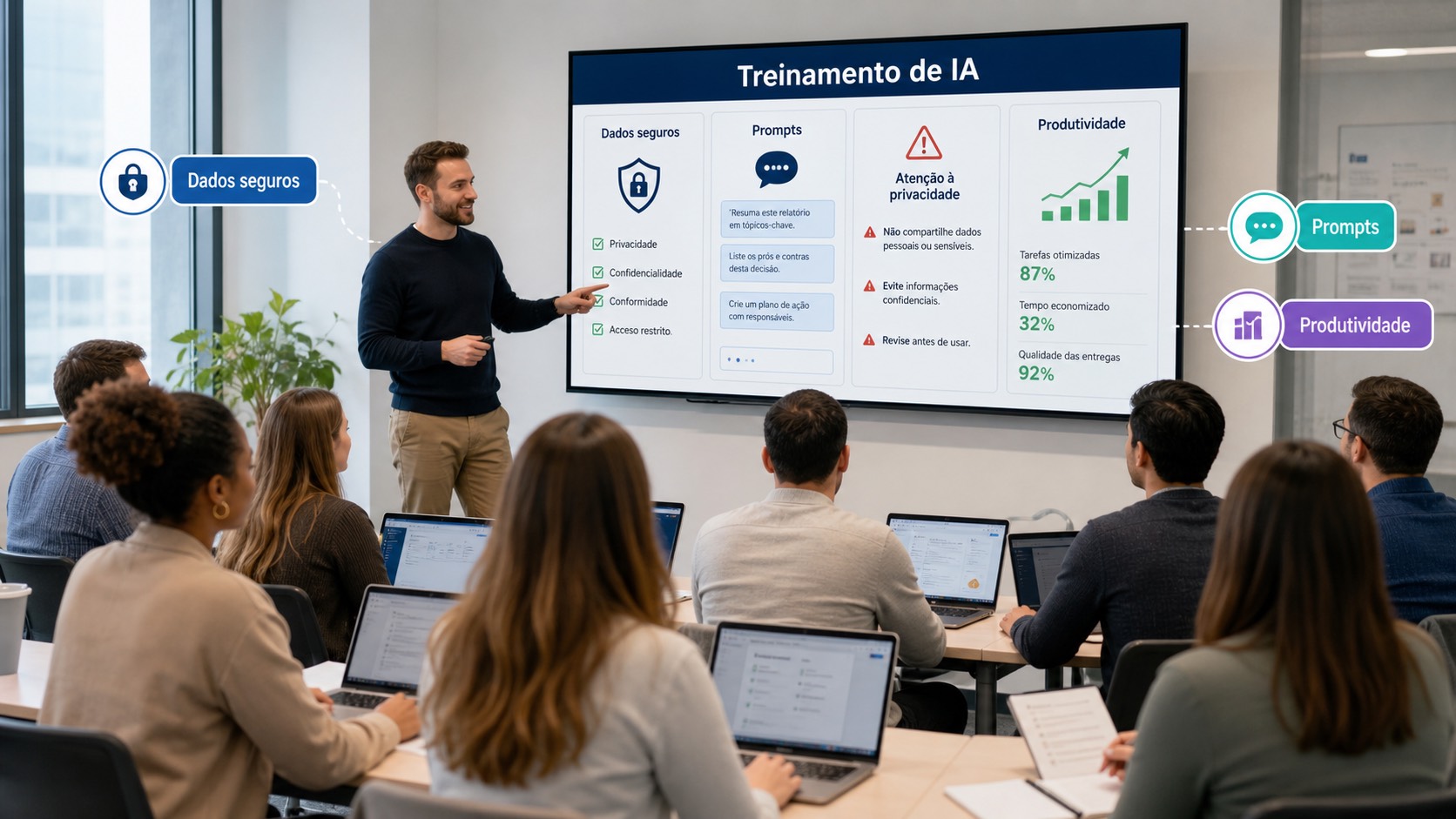 Treinamento de IA para funcionários com dados seguros, prompts, privacidade, produtividade e checklist de revisão