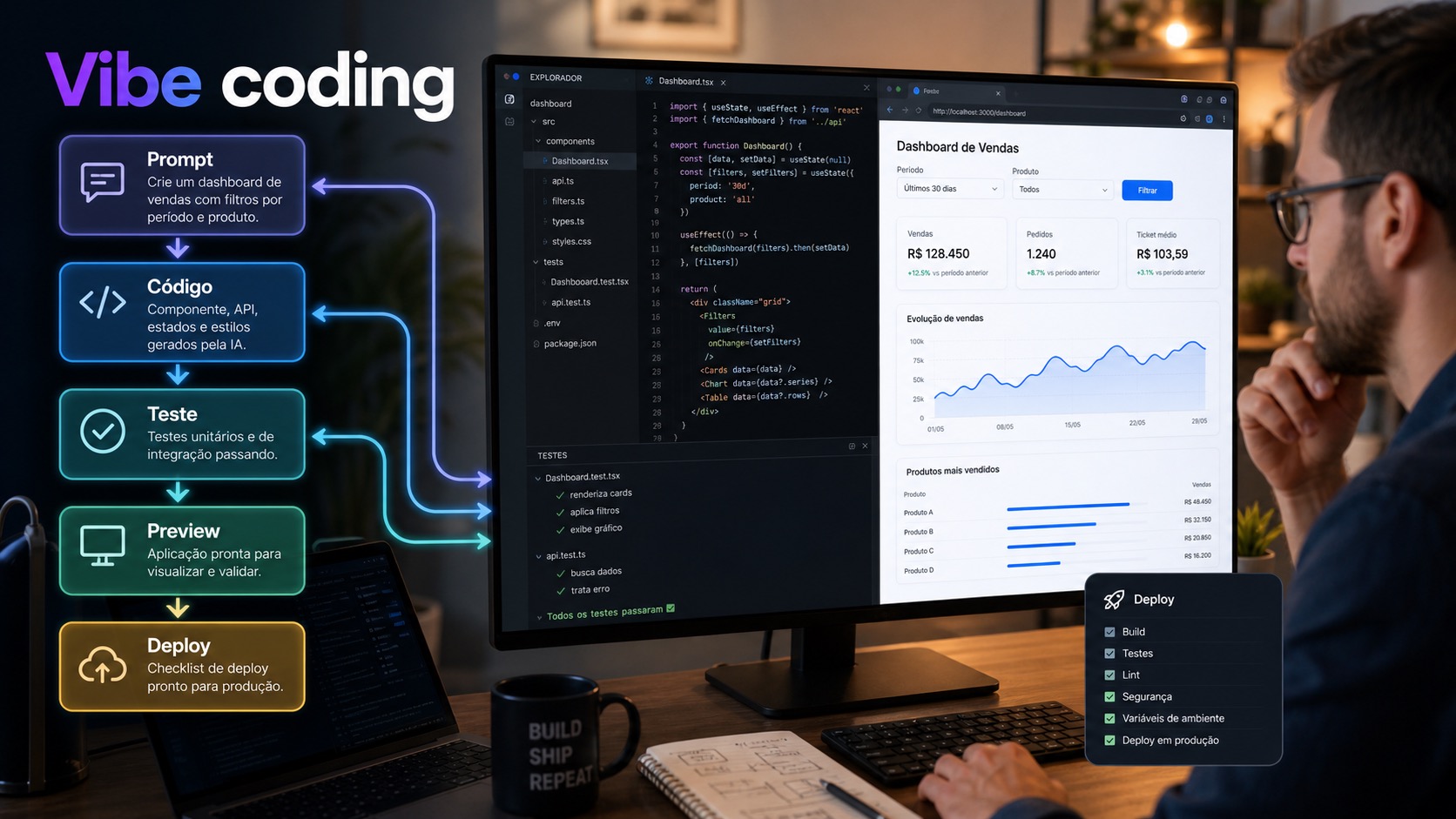 Ambiente de vibe coding com prompt virando código, testes, preview de aplicativo e checklist de deploy
